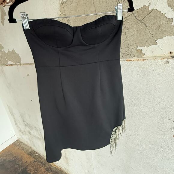 Strapless Rhinestone Fringe Mini Dress Black Bustier Style Party Outfit Size 4 - Picture 1 of 7
